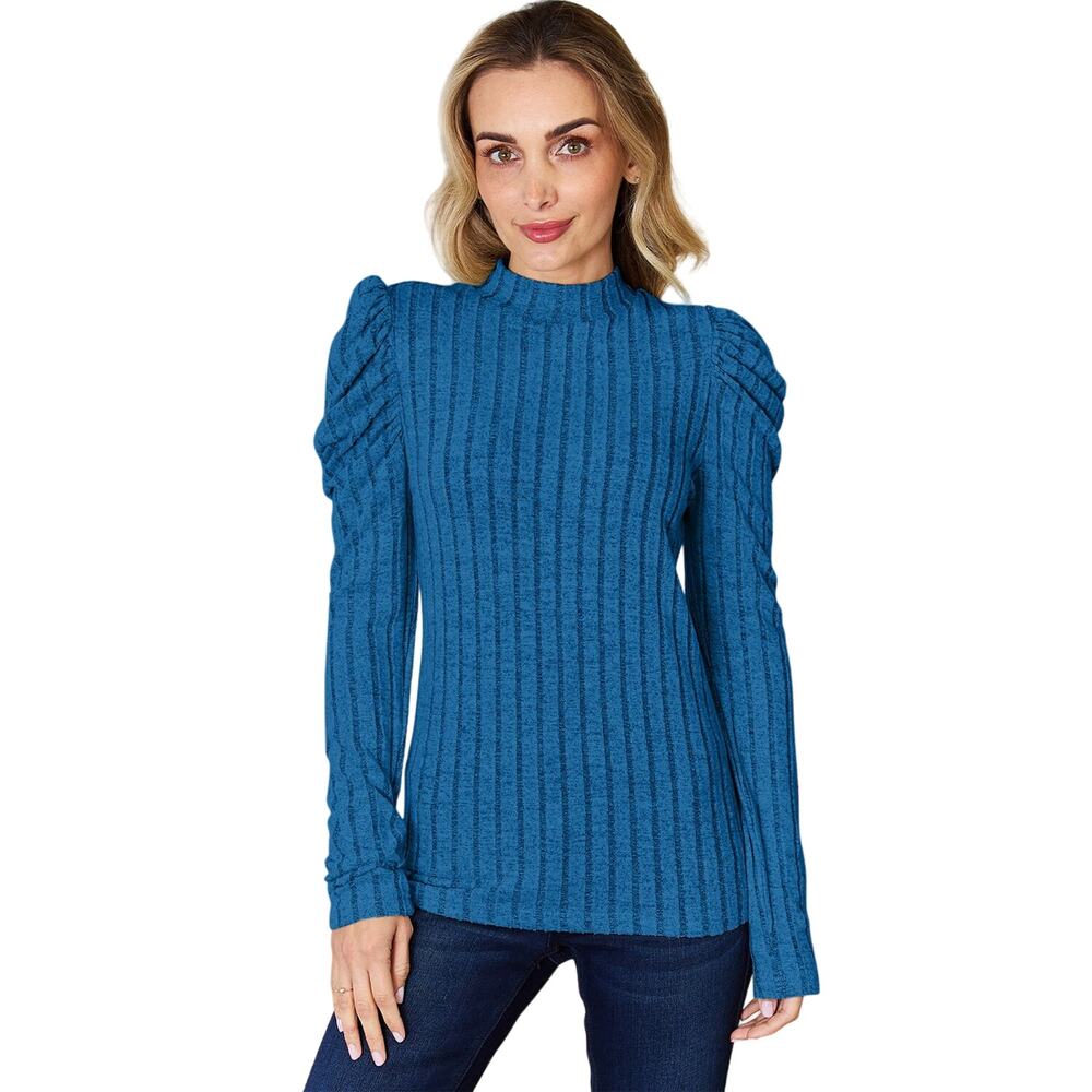 BASIC BAE Blue Ribbed Mock Turtleneck Puff Sleeve Stretchy Top NEW